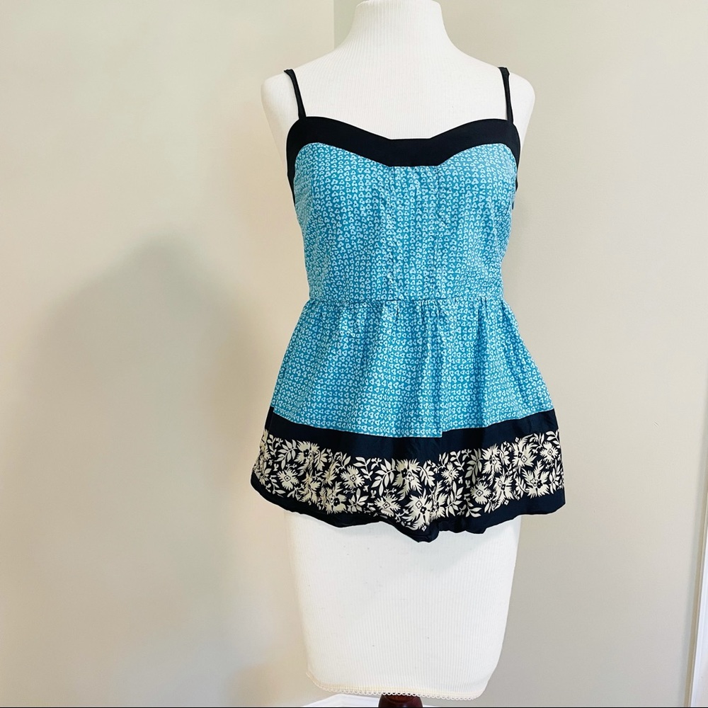 Odille Blue Floral Cotton Camisole Top With Peplum Stretchy With Zipper Like New